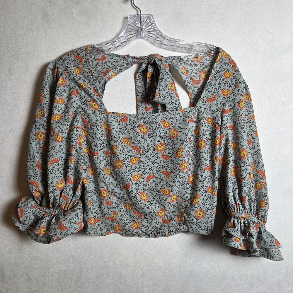 Floral 3/4 Ruffle Sleeve Crop Top Square Neck Tie Back Boho Cottagecore Festival